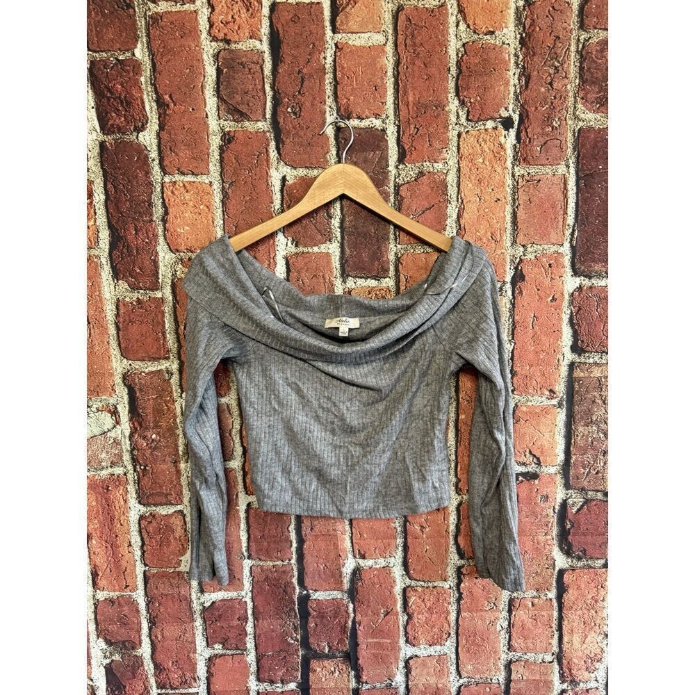 Atelier by Kirious womens Gray Ribbed Long Sleeve Cropped T-shirt Size Large
